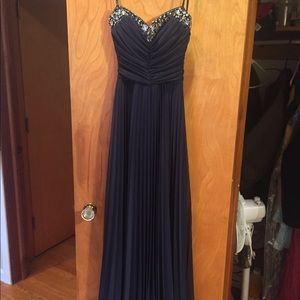 B Darlin Navy Blue Prom Dress with Silver Accents